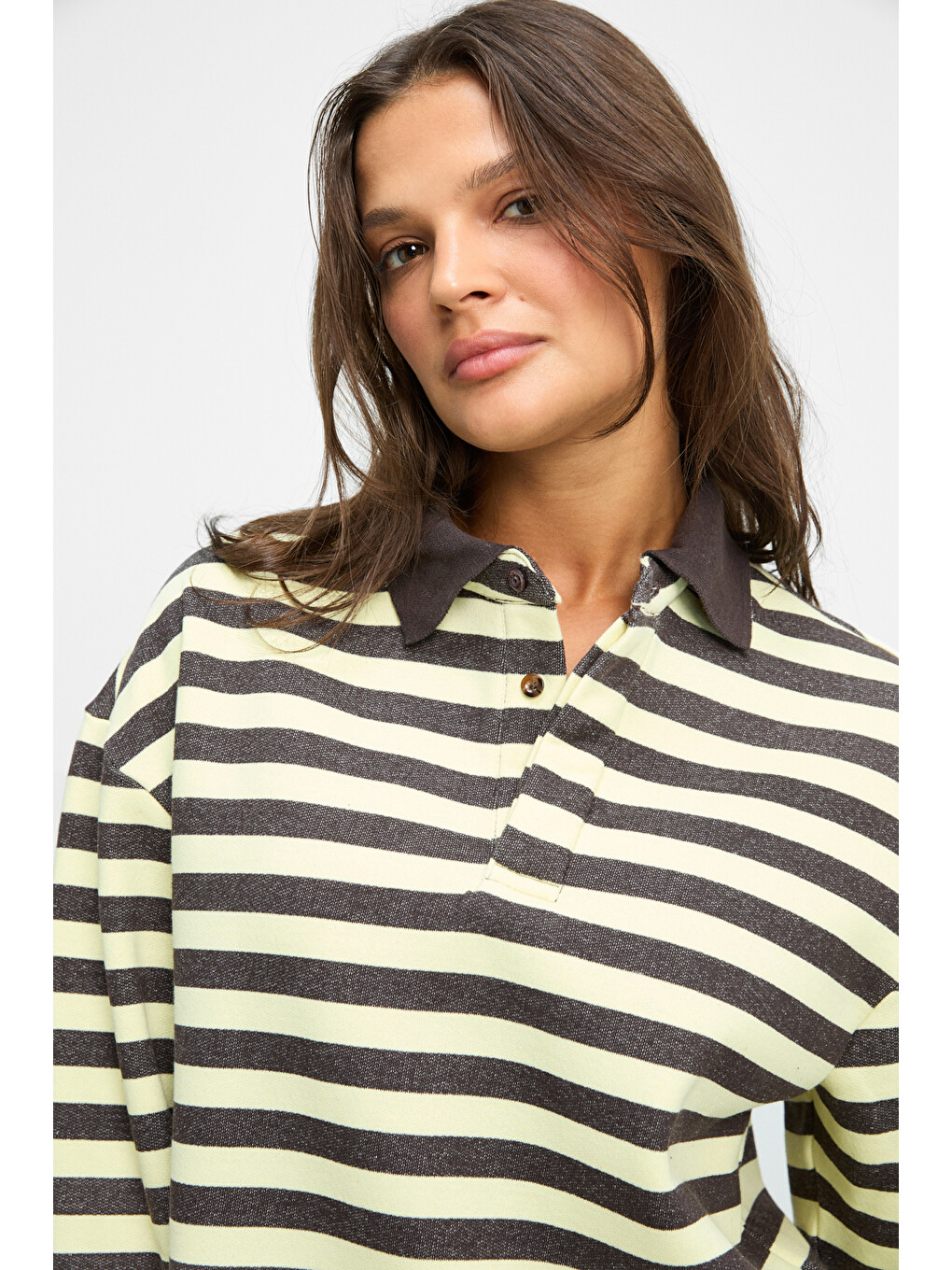 Muse Kadın Çizgili Triko Polo Yakalı Regular Fit Sarı Sweatshirt-3