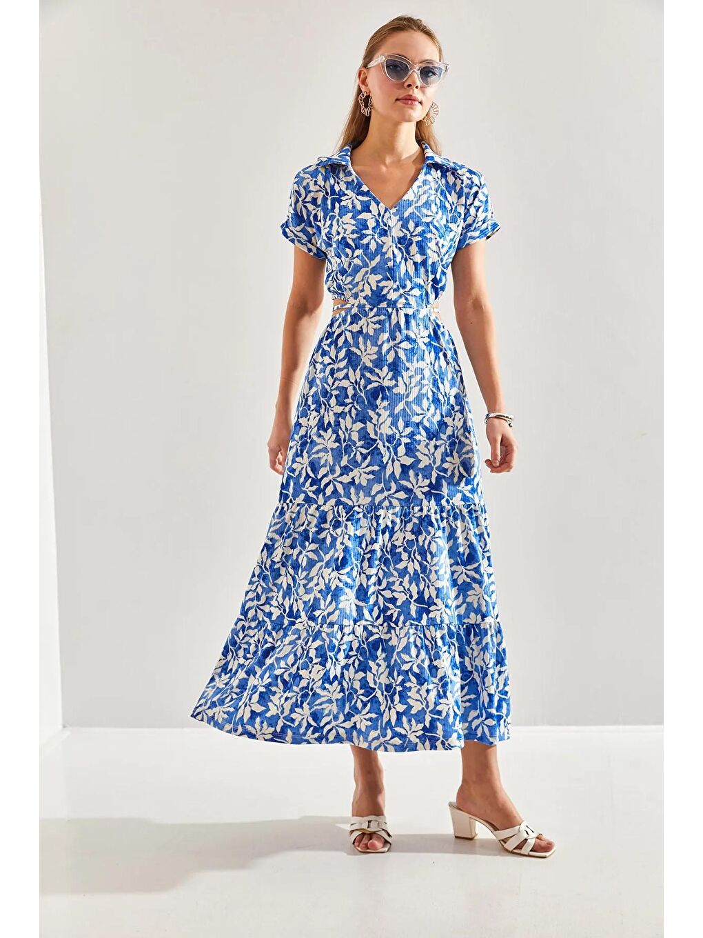 Mavi Kadın Bel Dekolteli Bağlamalı V Yaka Elbise 60171016-3