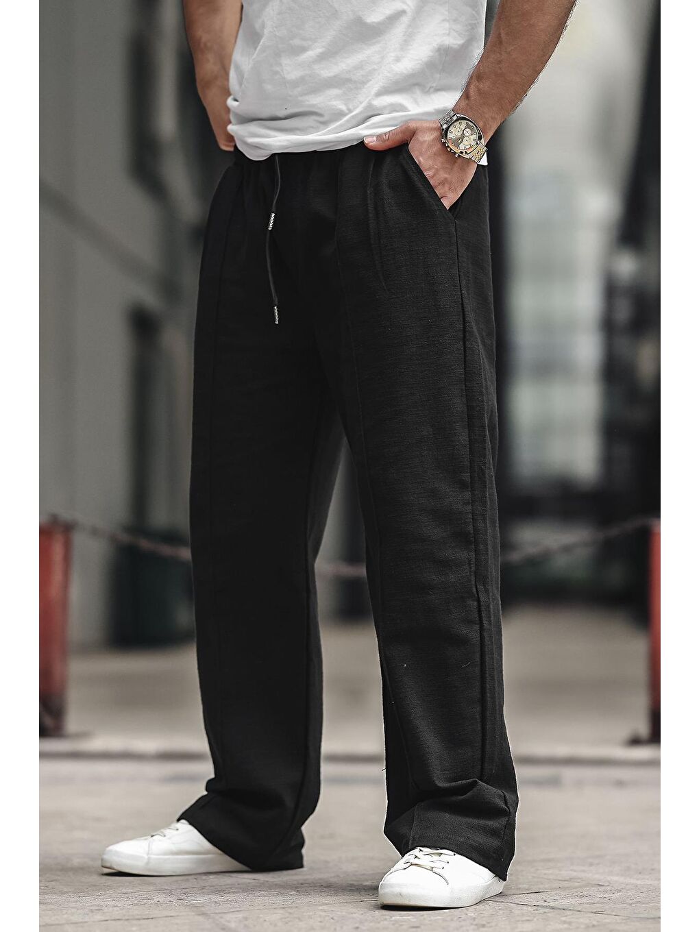 Siyah Erkek Rahat Kesim Keten %100 Pamuk Pantolon 6539-1