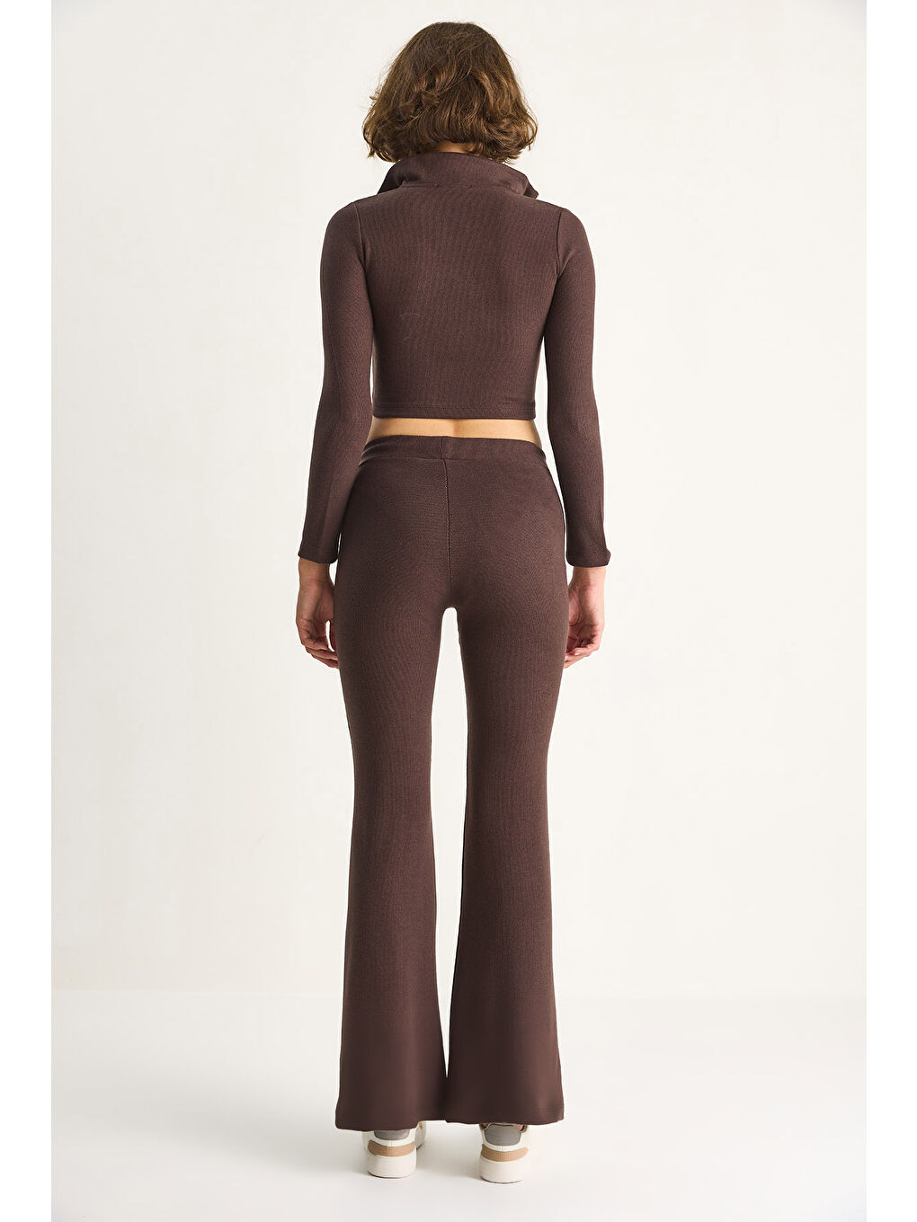 Kahverengi Kadın Fitilli Örme Kumaş Çift Fermuar Detaylı Balıkçı Yaka Alt-Üst Takım-7