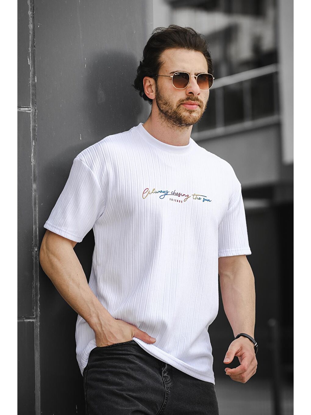 Beyaz Bisiklet Yaka Kısa Kollu Yazı Baskılı  Erkek Tişört-2