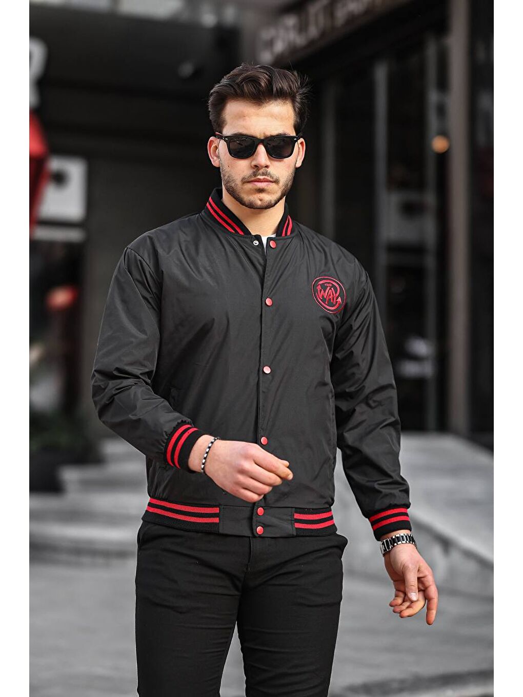 Erkek Baskılı Kapüşonlu Siyah Kolej Ceket-2