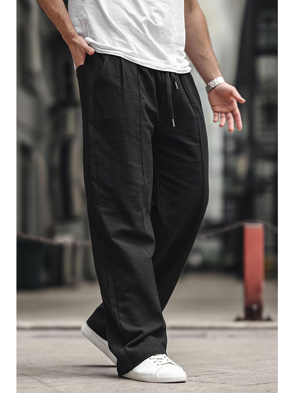 Siyah Erkek Rahat Kesim Keten %100 Pamuk Pantolon 6539-2