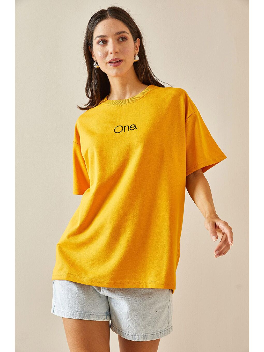 XHAN Sarı Bisiklet Yaka Yazılı Oversize Tshirt 5YXK1-48703-10 - 3