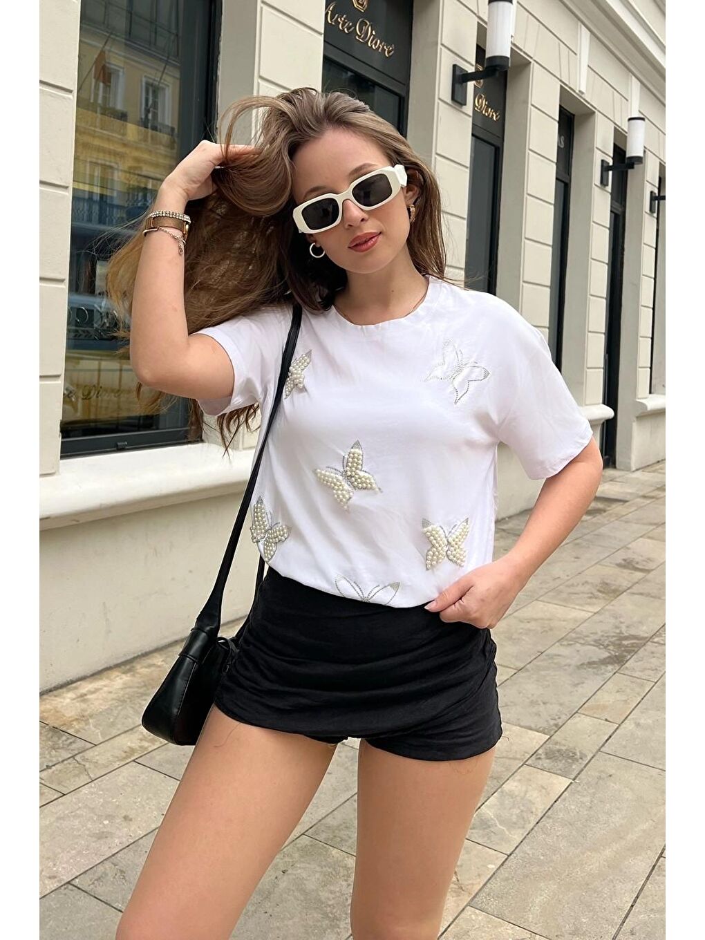 SHADE Beyaz Bianco Lucci Kadın İnci Taş İşlemeli Penye Tshirt 60211009