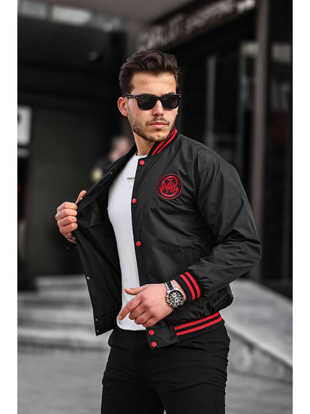 Erkek Baskılı Kapüşonlu Siyah Kolej Ceket-3