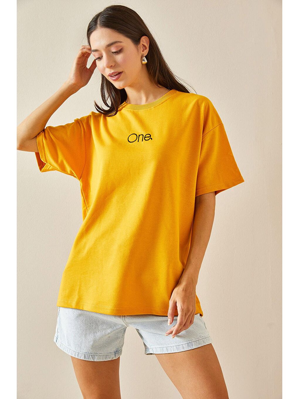 XHAN Sarı Bisiklet Yaka Yazılı Oversize Tshirt 5YXK1-48703-10 - 4