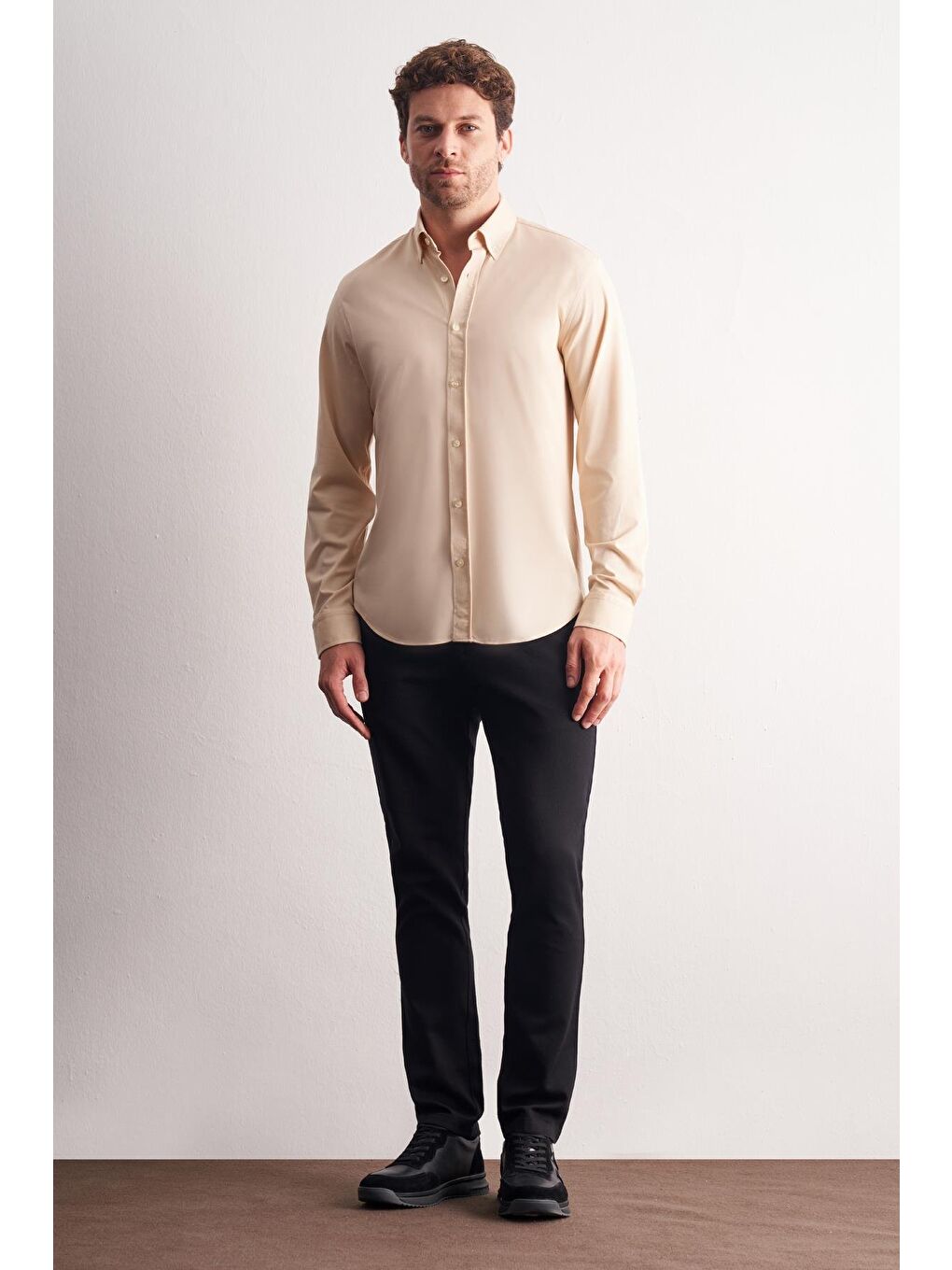 Bej Düğmeli Yaka Örme Uzun Kol Performans Ürün Slim Fit Esnek Gömlek 1004255270-1