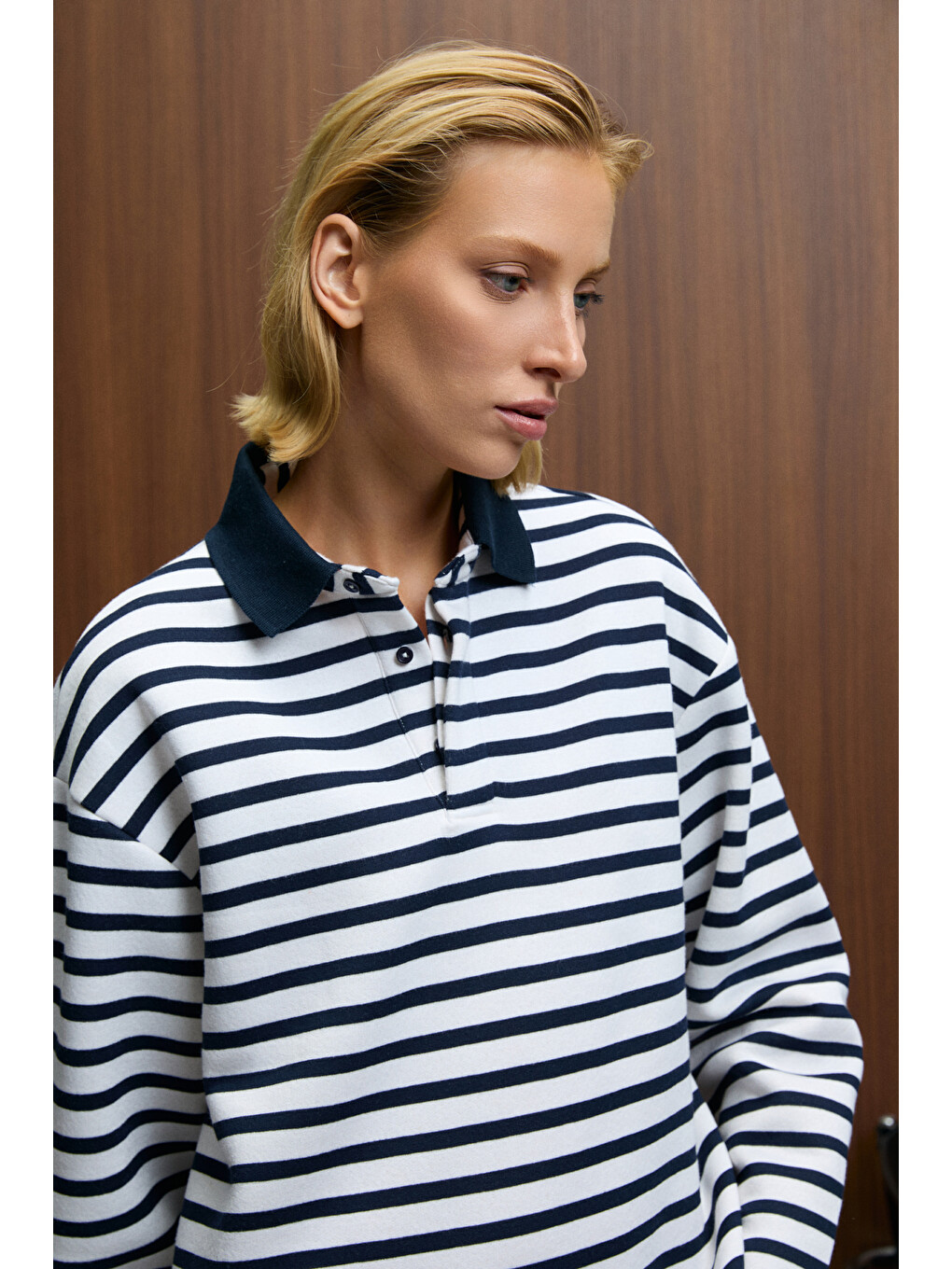 Muse Kadın Çizgili Triko Polo Yakalı Regular Fit Lacivert Sweatshirt-4