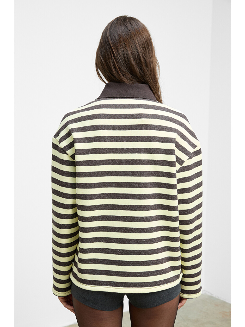 Muse Kadın Çizgili Triko Polo Yakalı Regular Fit Sarı Sweatshirt-4