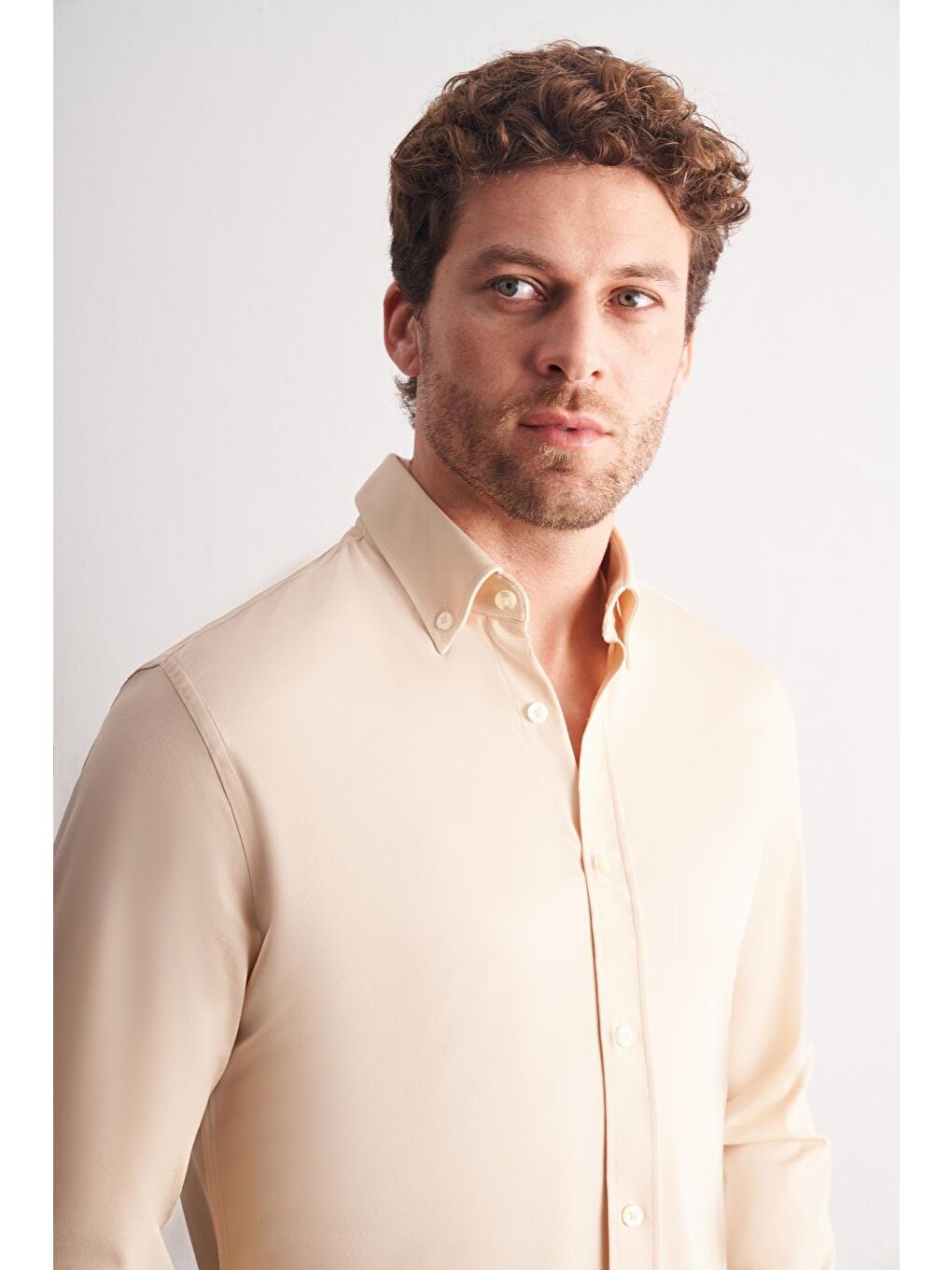 Bej Düğmeli Yaka Örme Uzun Kol Performans Ürün Slim Fit Esnek Gömlek 1004255270-3