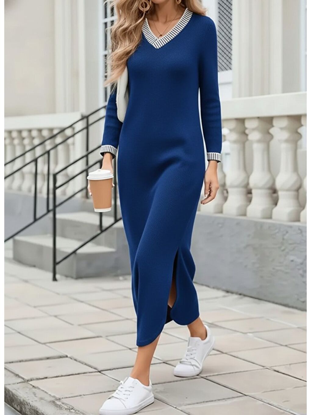 Lacivert Kadın Uzun Kollu V Yakalı Yanlardan Yırtmaçlı Uzun Viskon Iki Iplik Elbise