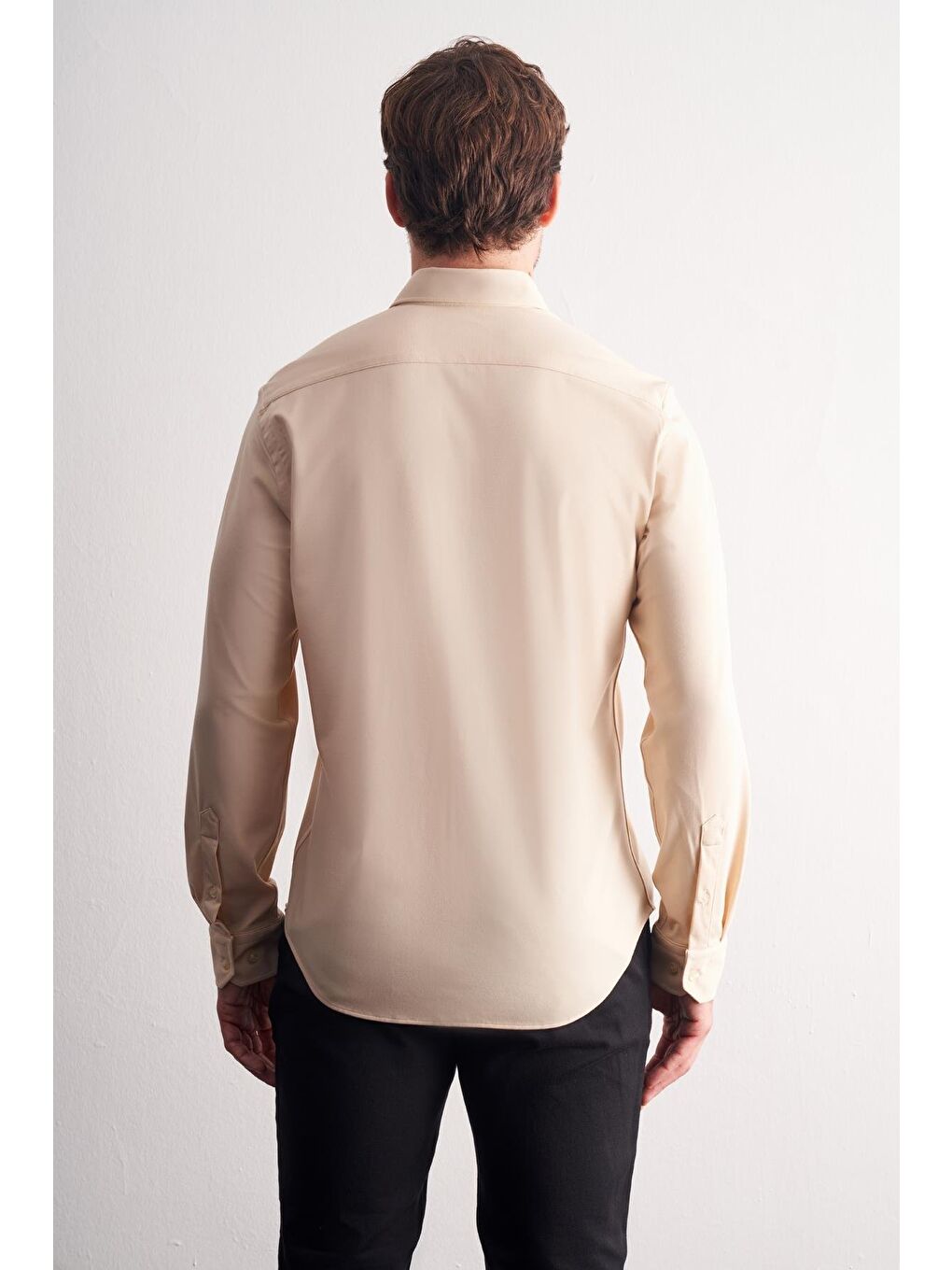 Bej Düğmeli Yaka Örme Uzun Kol Performans Ürün Slim Fit Esnek Gömlek 1004255270-4
