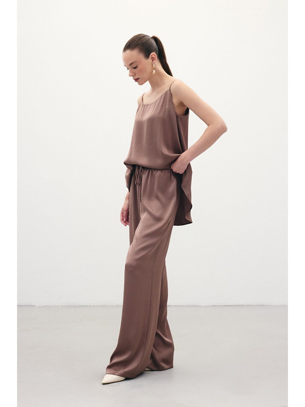 Kahverengi Bağcıklı Salaş Pantolon - Kahve-2