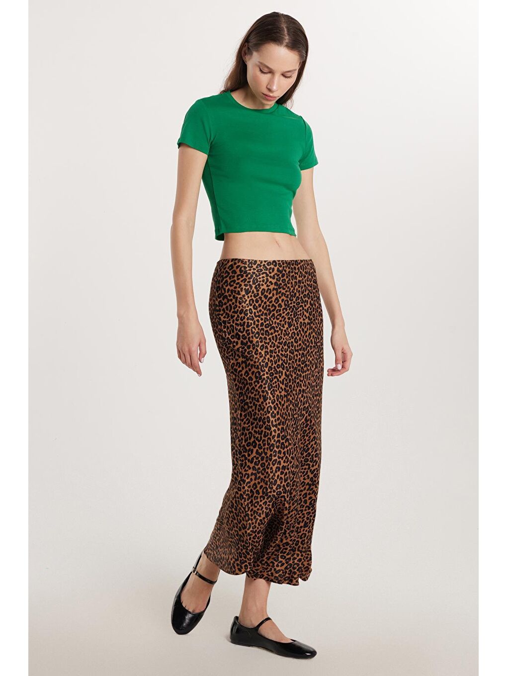 Kahverengi Kadın Standart Fit Lastikli Baskılı Etek-1