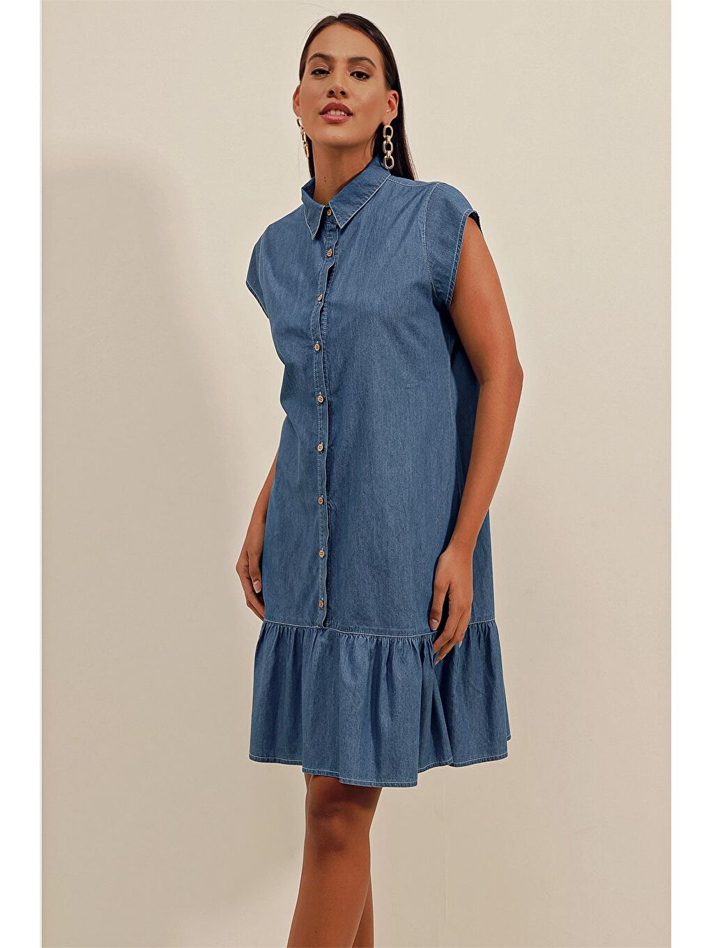 Kadın Mavi Sıfır Kol Düğmeli Jean Elbise