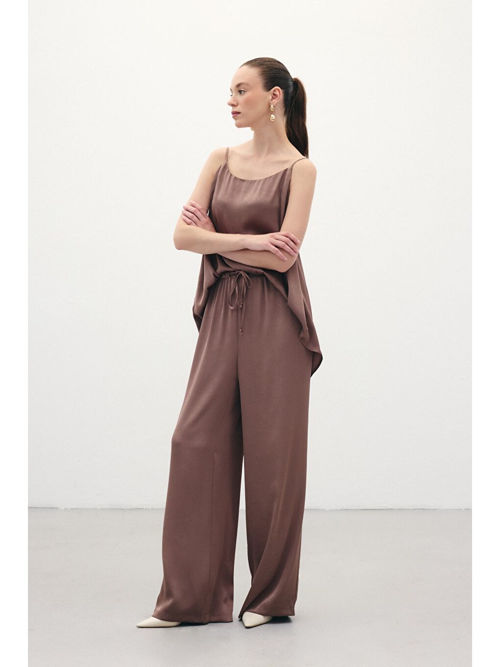 Kahverengi Bağcıklı Salaş Pantolon - Kahve-3