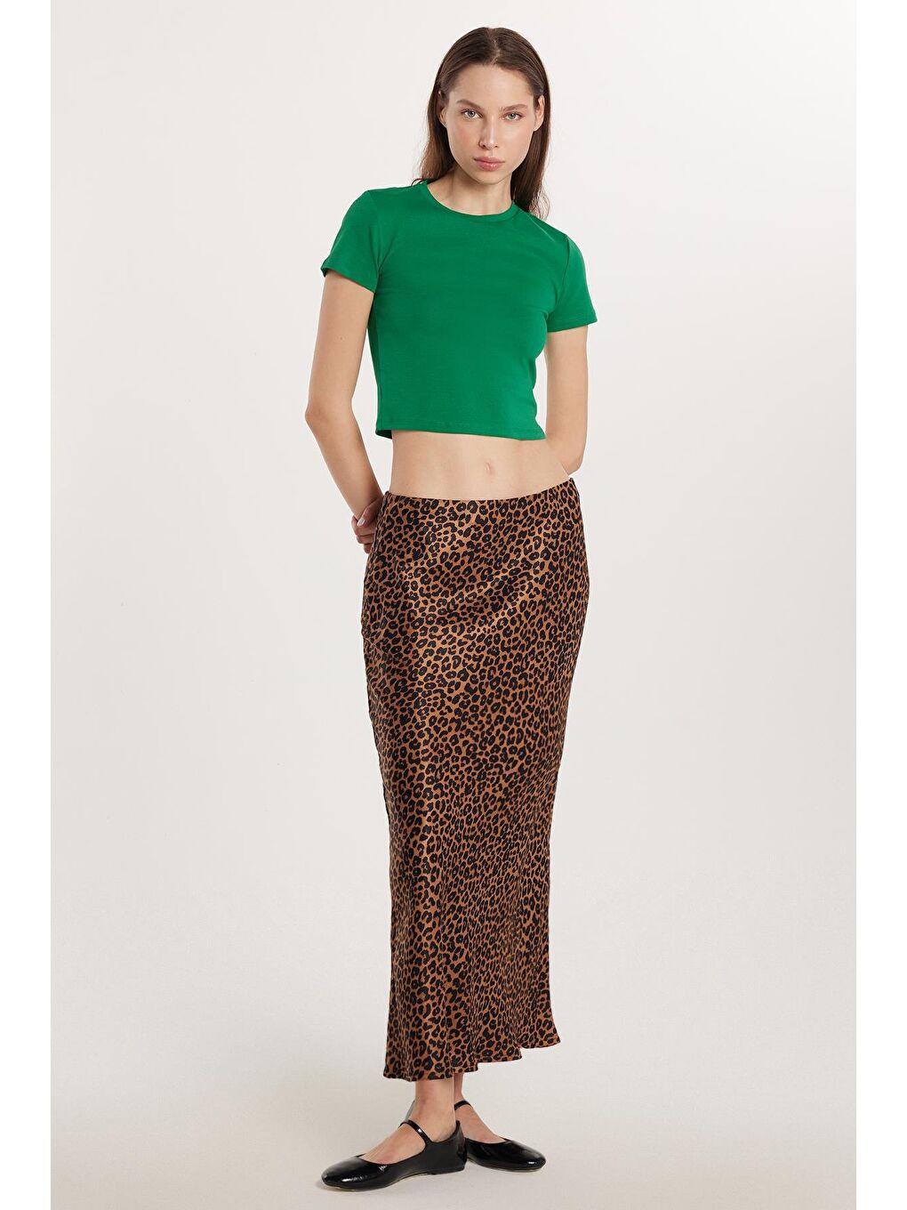 Kahverengi Kadın Standart Fit Lastikli Baskılı Etek-3