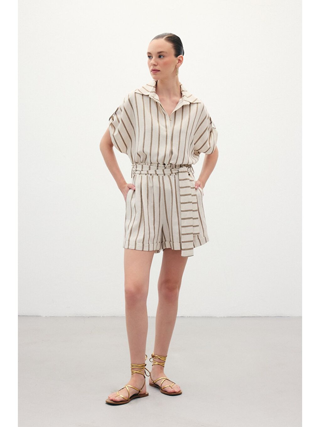 Kahverengi Çizgili Keten Şort - Camel-1