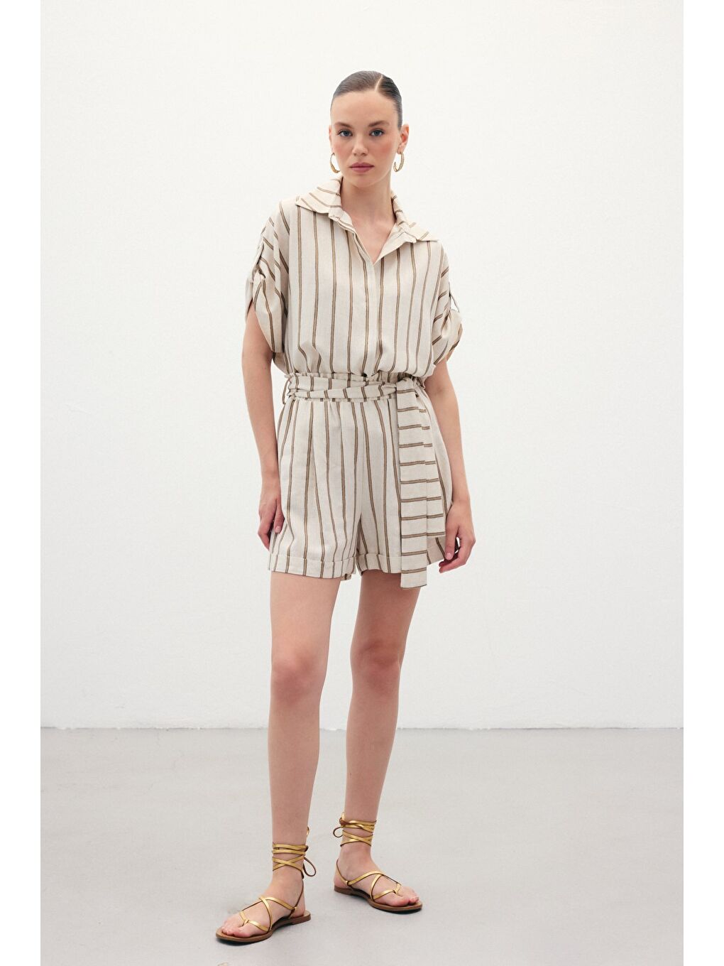 Kahverengi Çizgili Keten Şort - Camel-2