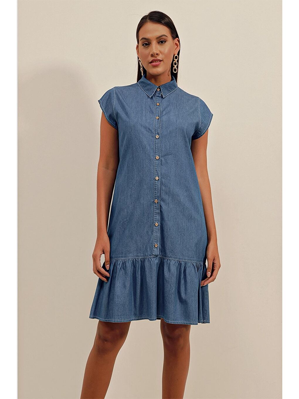 Kadın Mavi Sıfır Kol Düğmeli Jean Elbise-1