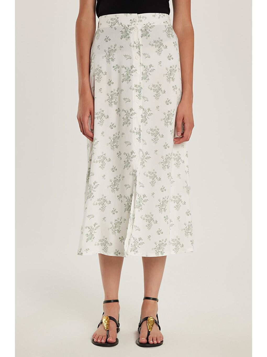 Karışık Kadın Standart Fit Düğmeli Viskon Lastikli Baskılı Midi Boy Etek