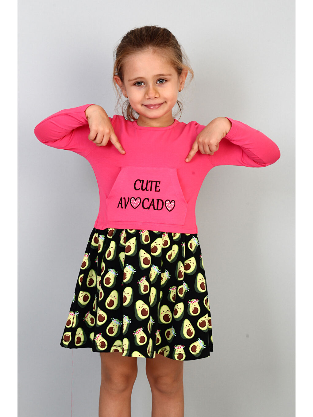 Toontoykids Fuşya Kız Çocuk Cute Avocado Naskışlı Eteği Desenli Elbise