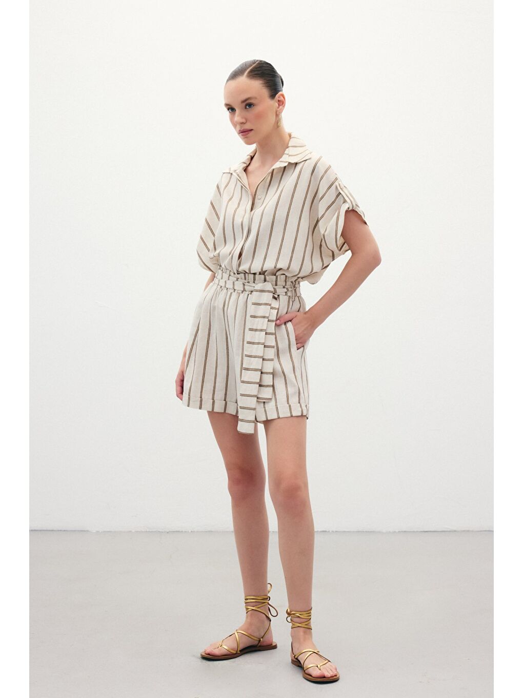 Kahverengi Çizgili Keten Şort - Camel-3