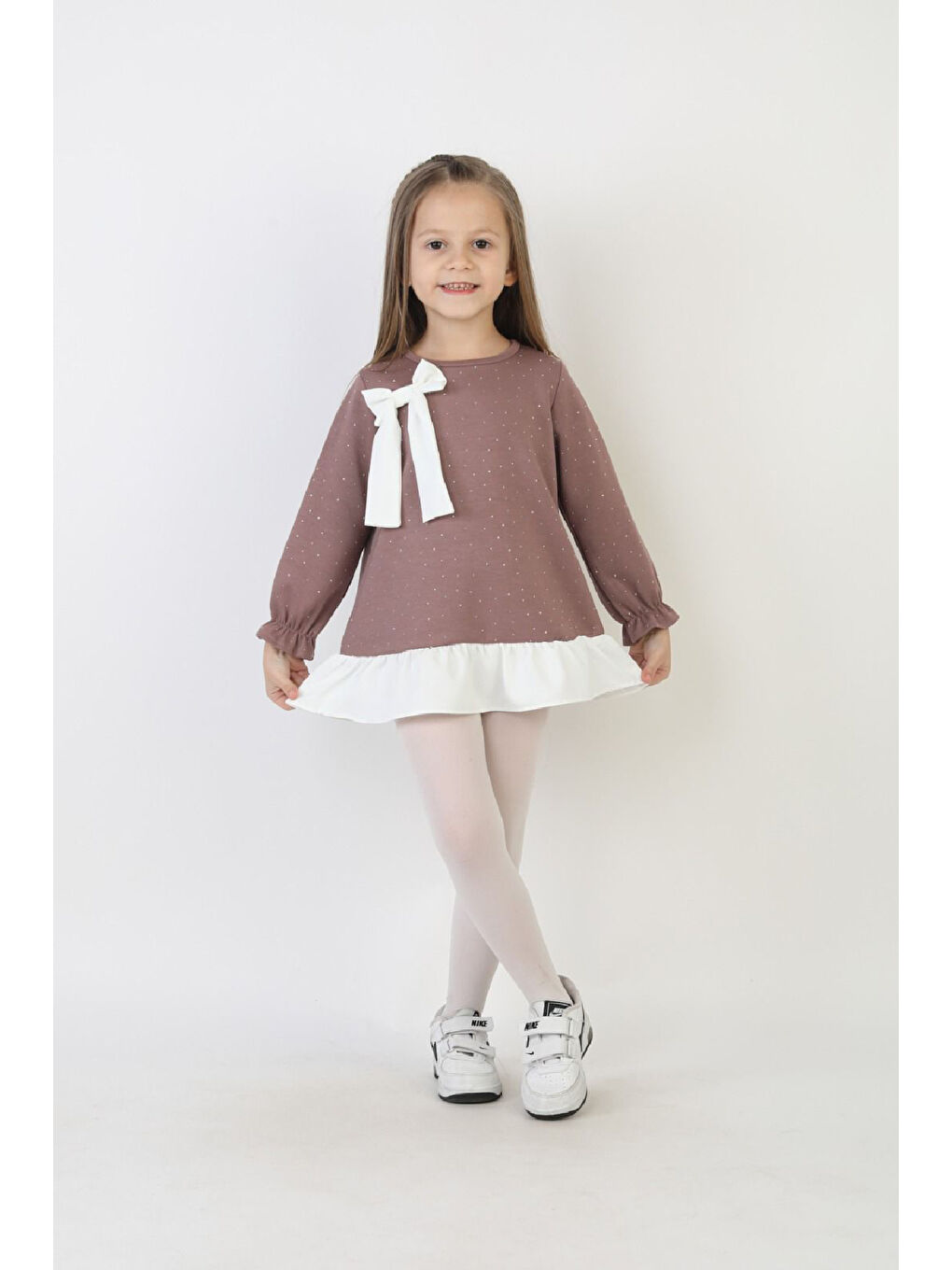 Pembe Kız Çocuk Tunik Tarz Elbise Taş Süslemeli ve Fiyonklu 4-9 Yaş 12510