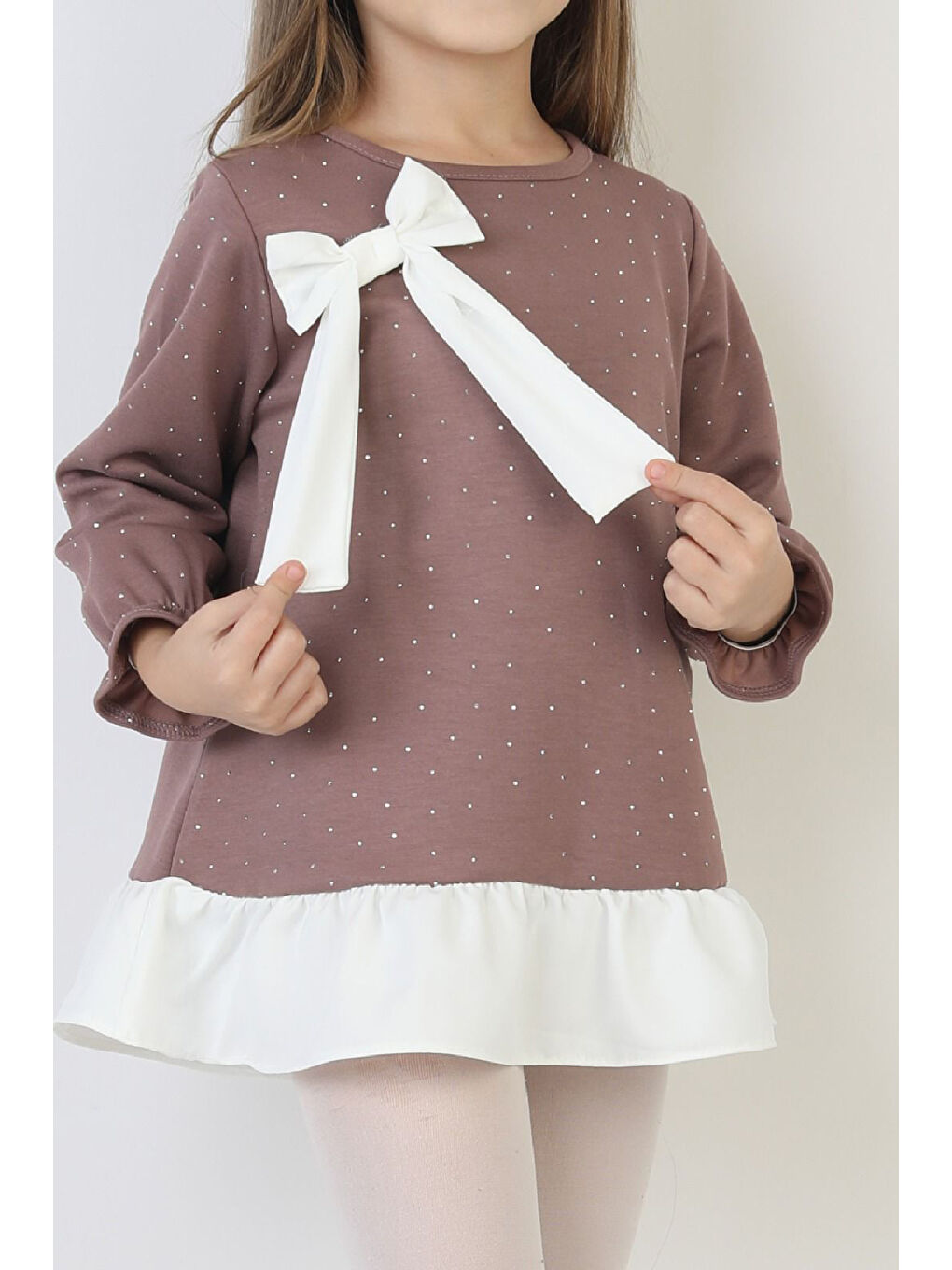 Pembe Kız Çocuk Tunik Tarz Elbise Taş Süslemeli ve Fiyonklu 4-9 Yaş 12510-1