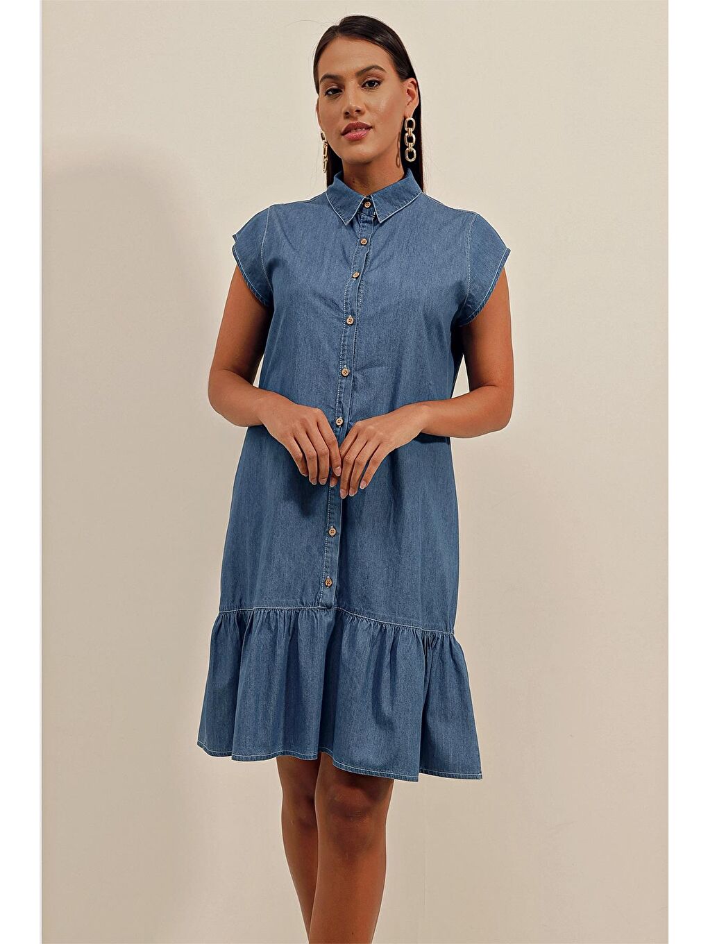 Kadın Mavi Sıfır Kol Düğmeli Jean Elbise-2