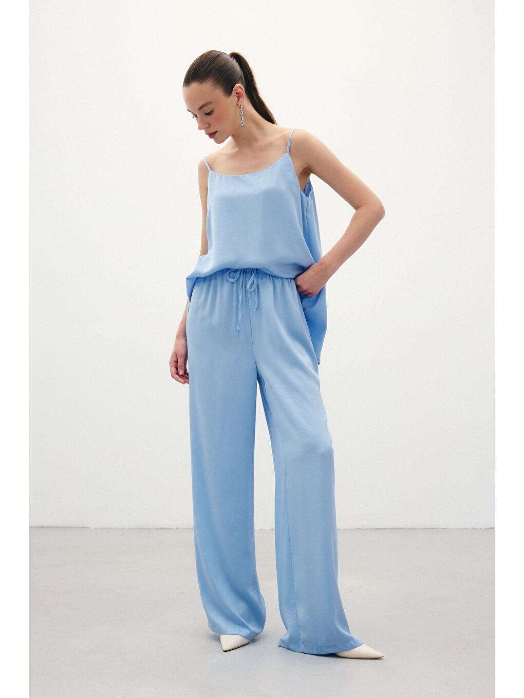 Bağcıklı Salaş Pantolon - Mavi-3