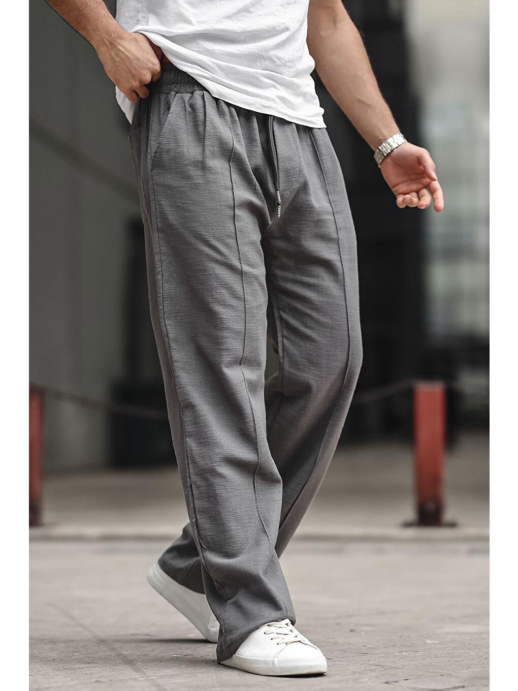 Gri Füme Erkek Rahat Kesim Keten %100 Pamuk Pantolon 6539