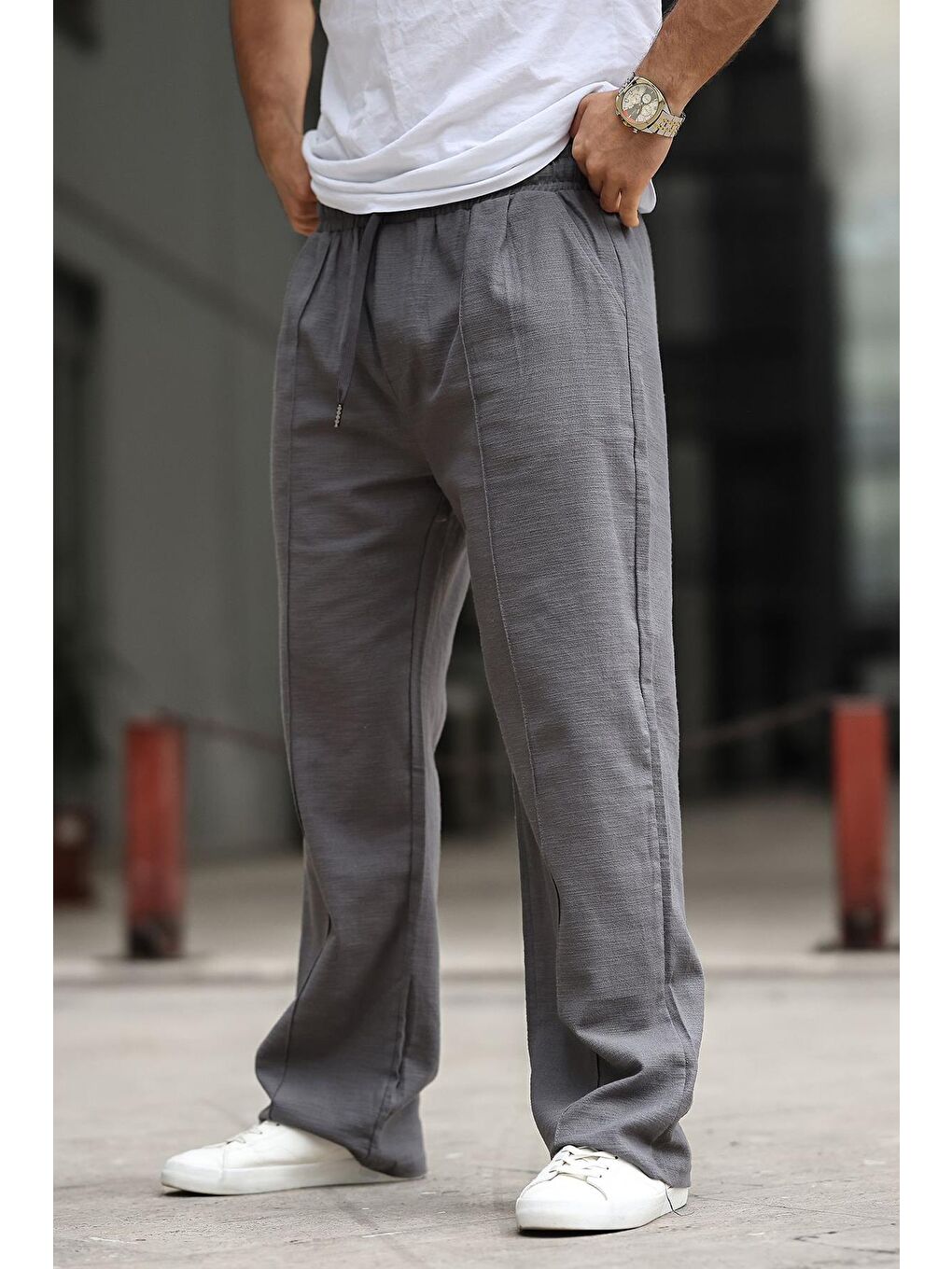 Gri Füme Erkek Rahat Kesim Keten %100 Pamuk Pantolon 6539-1