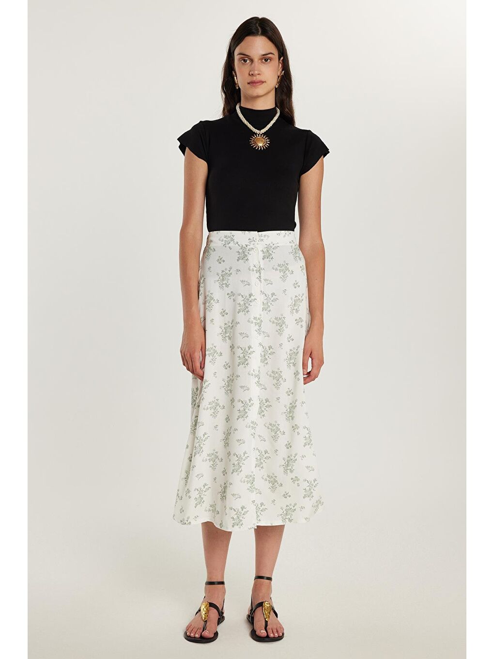 Karışık Kadın Standart Fit Düğmeli Viskon Lastikli Baskılı Midi Boy Etek-3