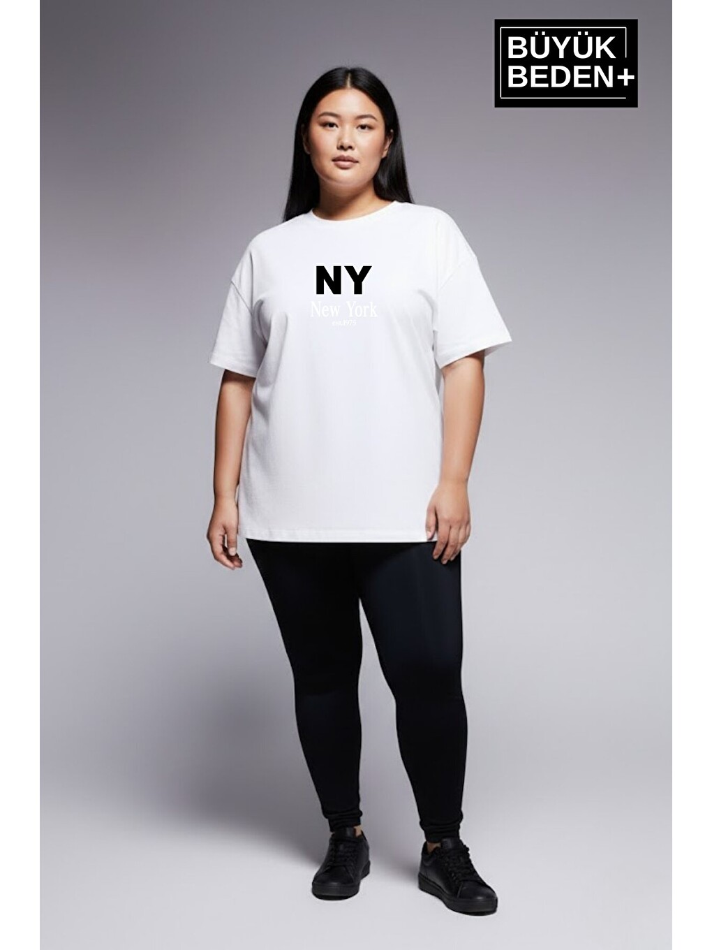 Beyaz Kadın Büyük Beden Ny New York Baskılı 3xl-6xl Bisiklet Yaka Tshırt Spr26btsk510-15