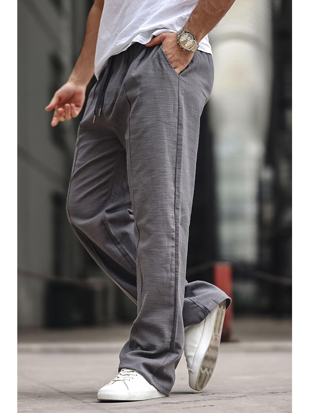 Gri Füme Erkek Rahat Kesim Keten %100 Pamuk Pantolon 6539-2