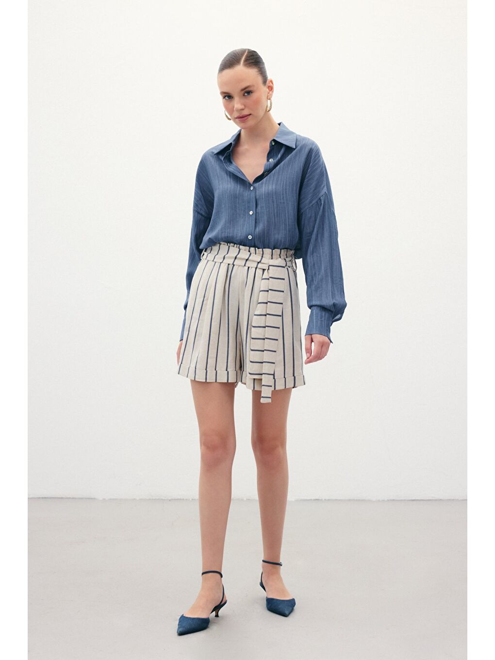 Çizgili Keten Şort - Lacivert-1