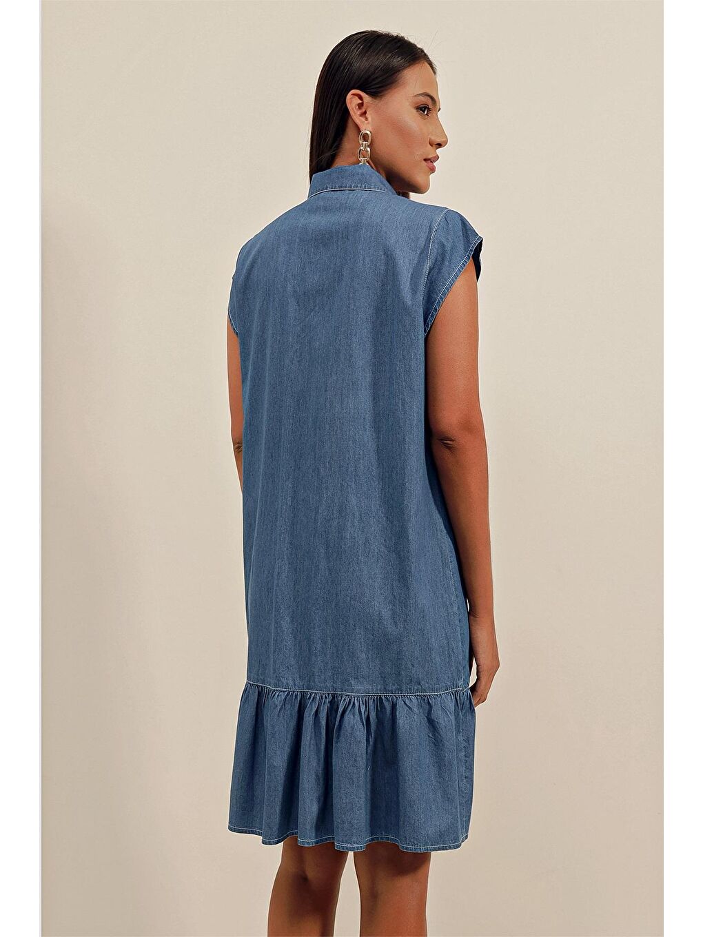 Kadın Mavi Sıfır Kol Düğmeli Jean Elbise-3