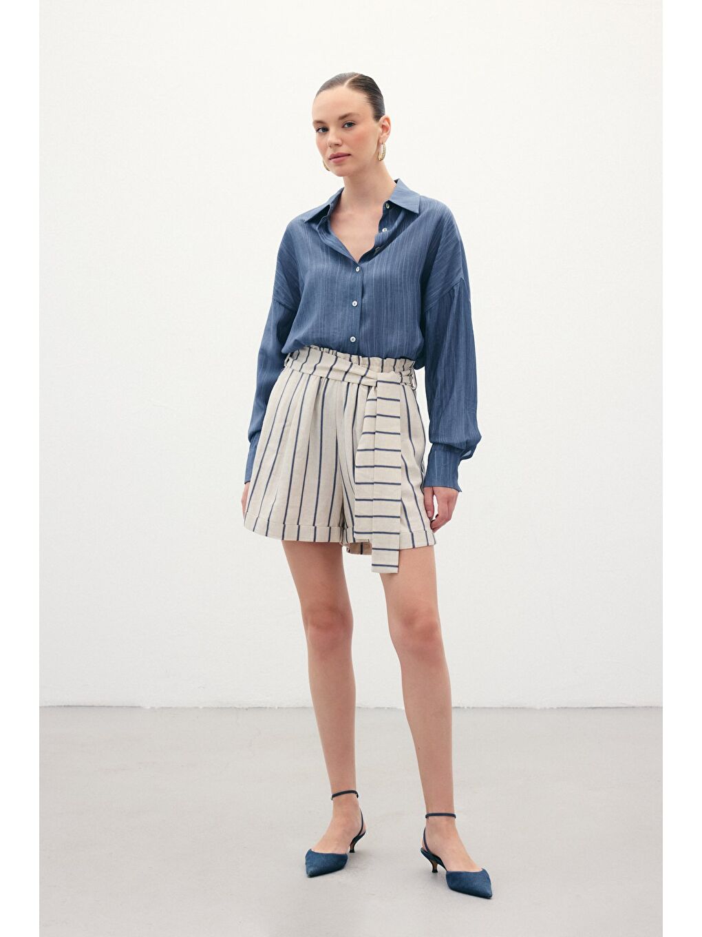 Çizgili Keten Şort - Lacivert-2