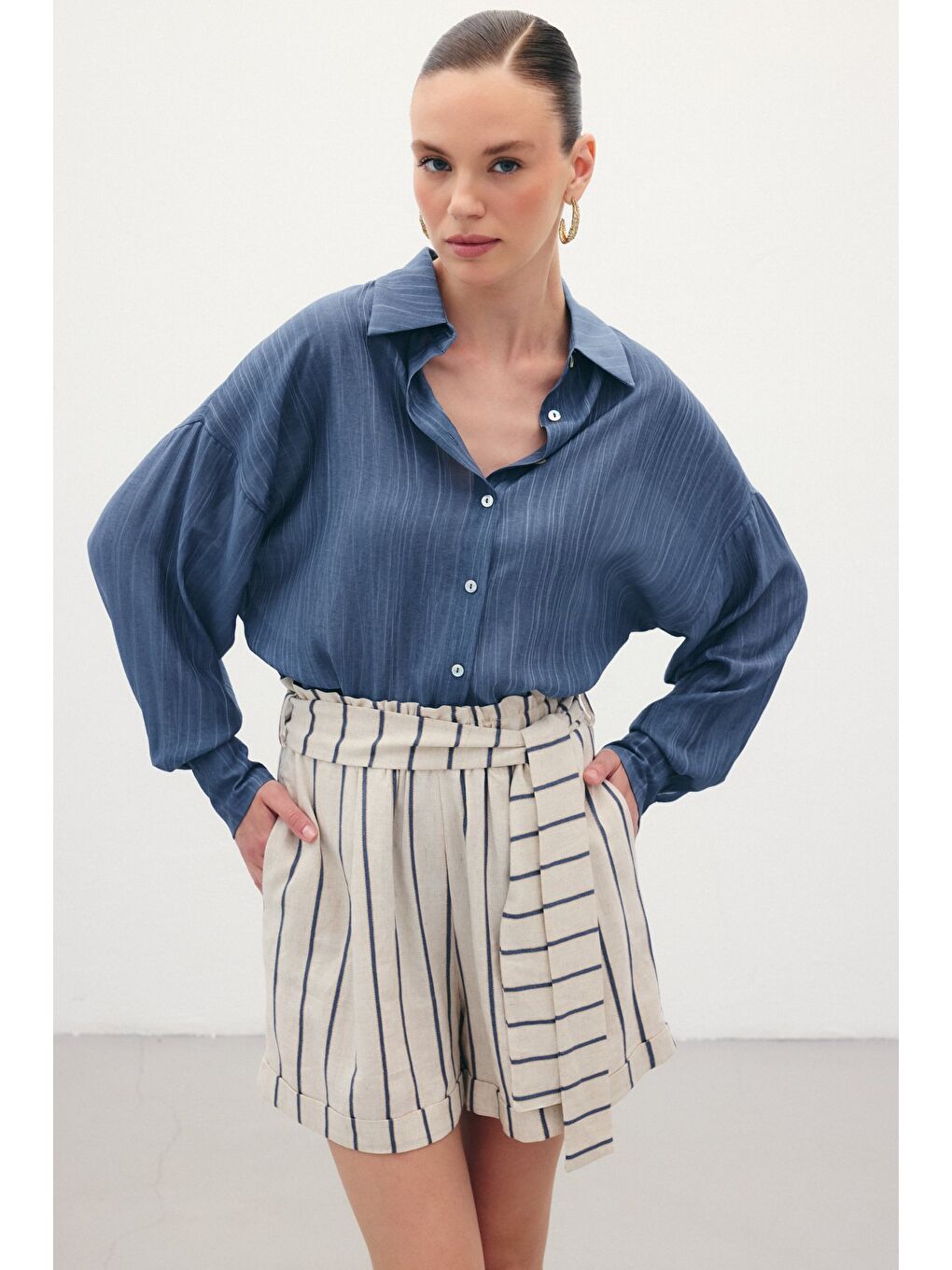 Çizgili Keten Şort - Lacivert-3