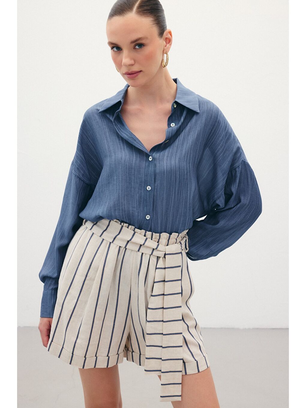 Çizgili Keten Şort - Lacivert-4