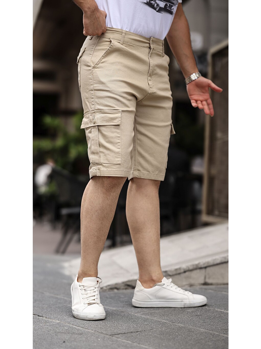 Ekru None Denim Yandan Kargo Cepli Esnek Kumaş Erkek Kargo Şort Bermuda-1
