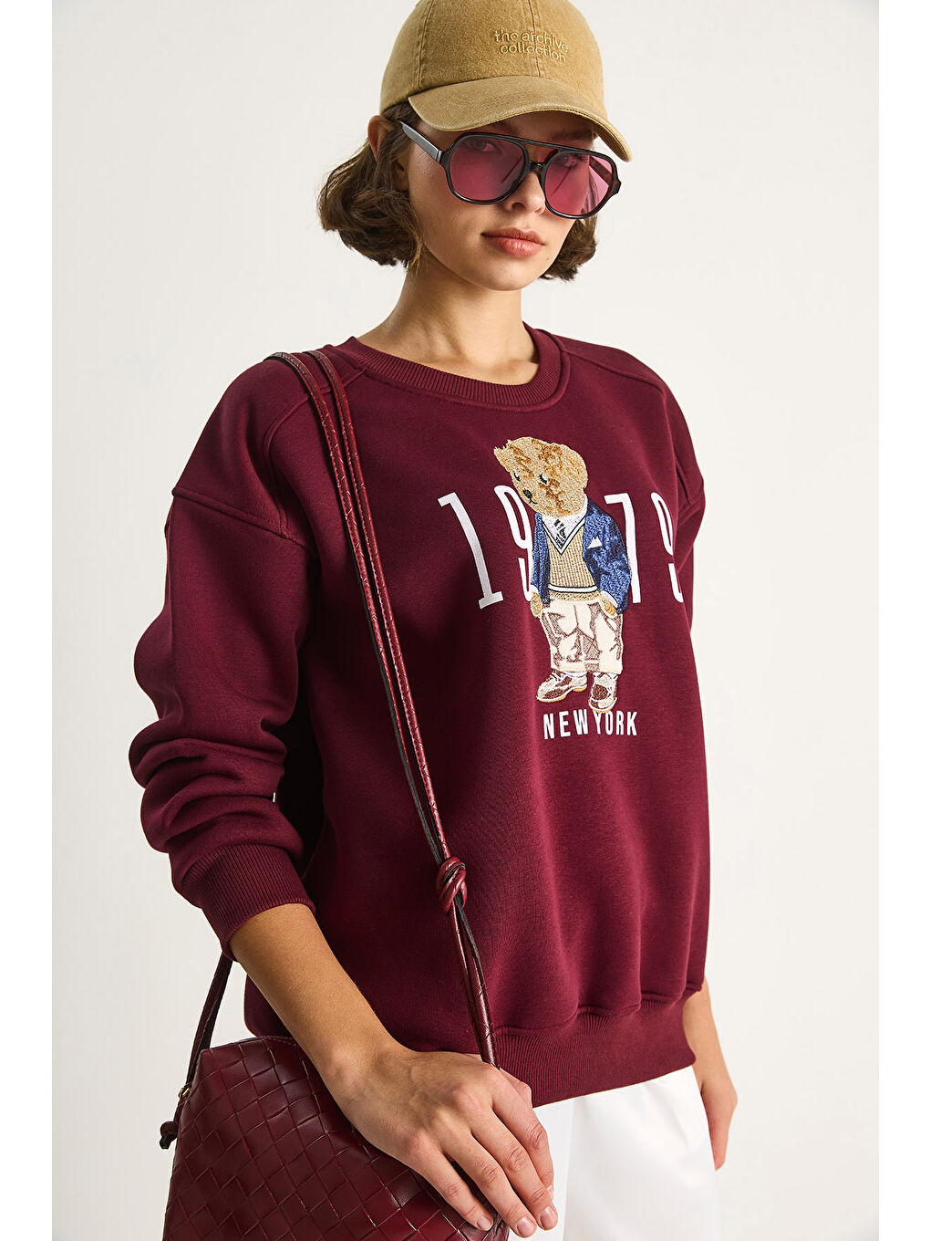 Bordo Kadın Bisiklet Yaka Teddy Nakış Detaylı Sweat-2