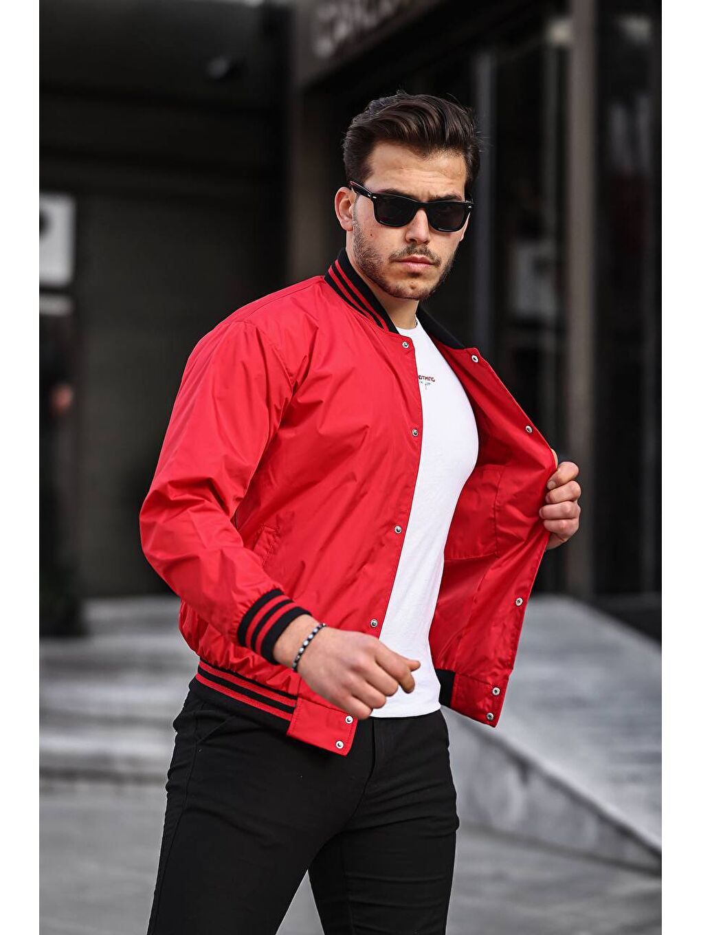 Erkek Baskılı Kapüşonlu Kırmızı Kolej Ceket-1