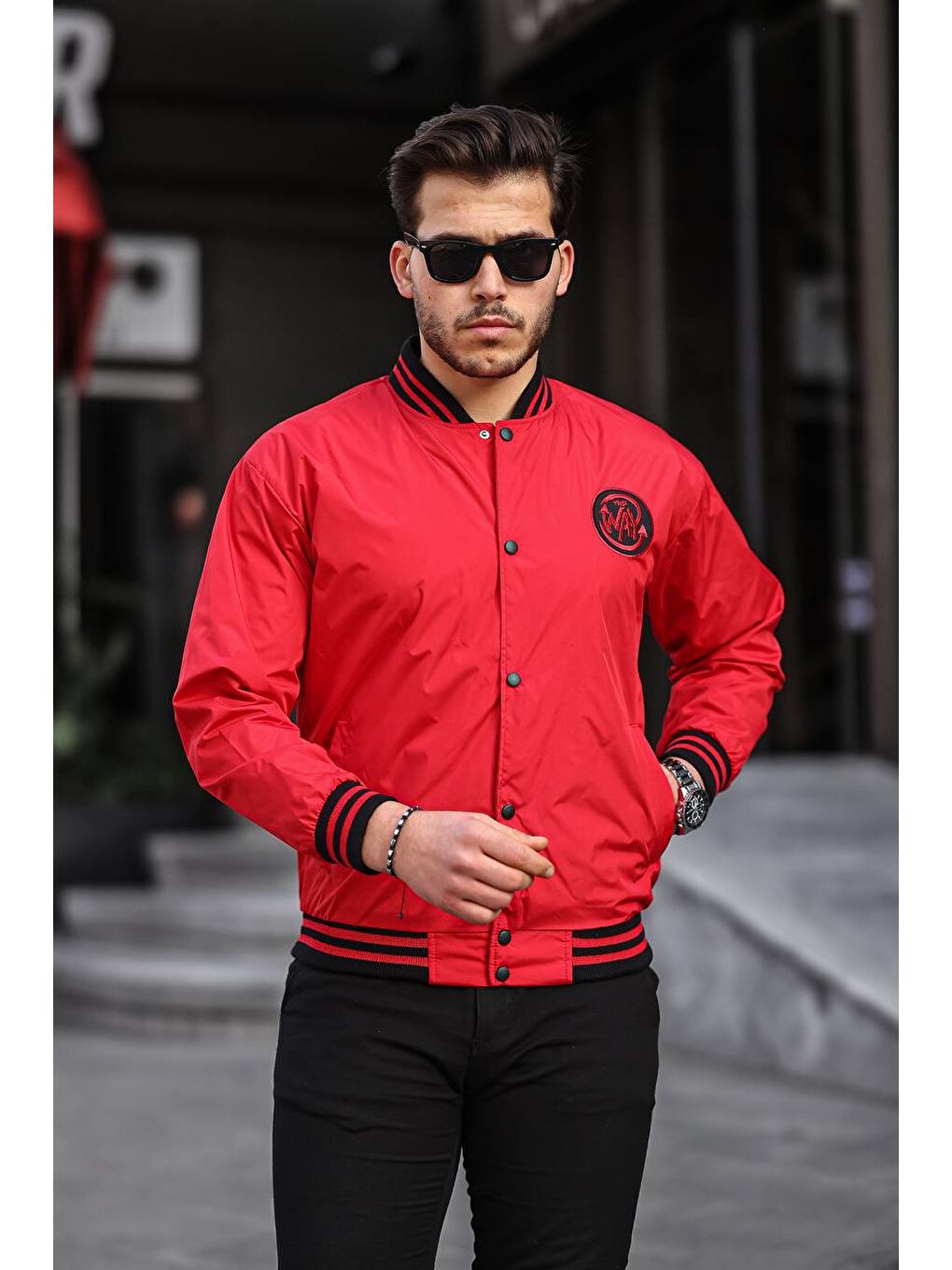 Erkek Baskılı Kapüşonlu Kırmızı Kolej Ceket-2