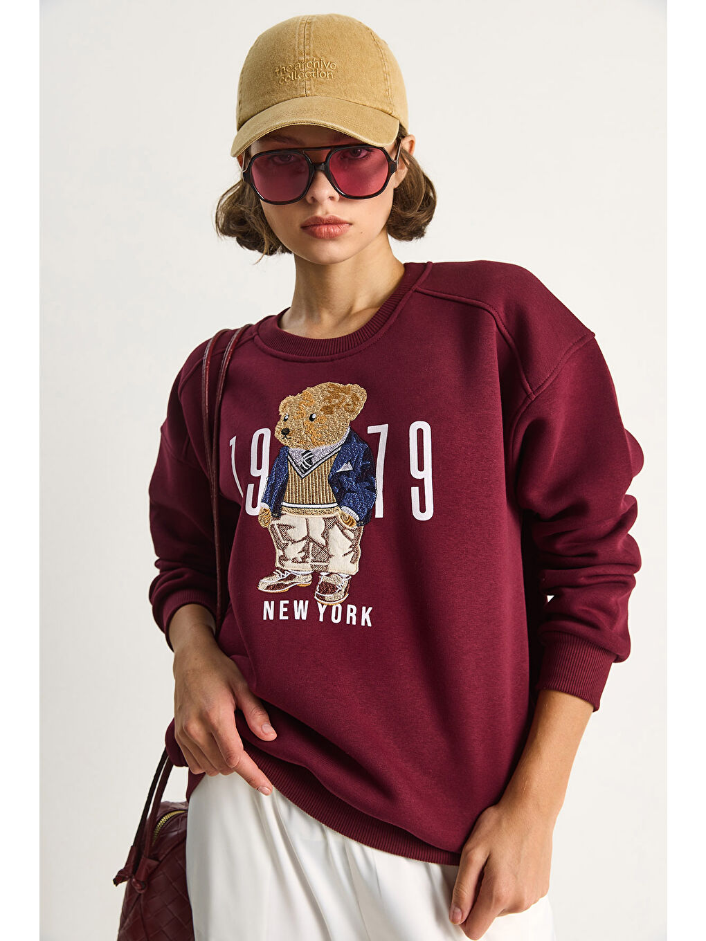 Bordo Kadın Bisiklet Yaka Teddy Nakış Detaylı Sweat-3