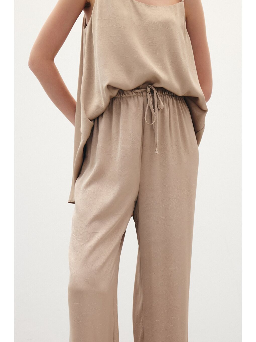 Bej Bağcıklı Salaş Pantolon - Vizon-4