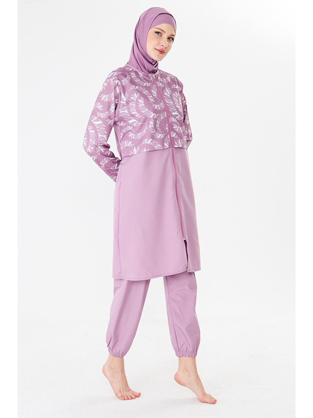 Tam Kapalı Büyük Beden Paraşüt Kumaş Desenli Tesettür Mayo Pembe-3505b-3