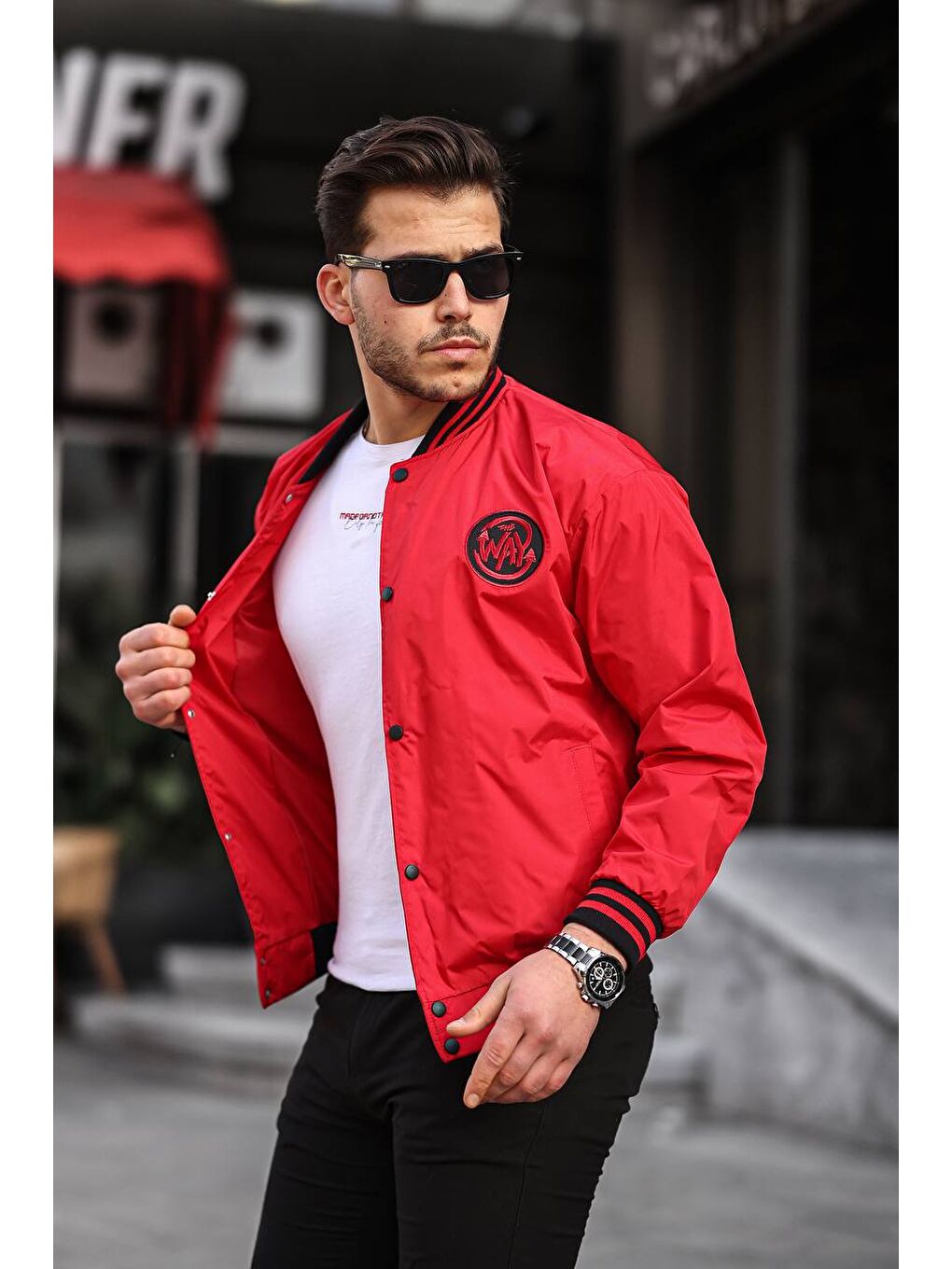 Erkek Baskılı Kapüşonlu Kırmızı Kolej Ceket-3